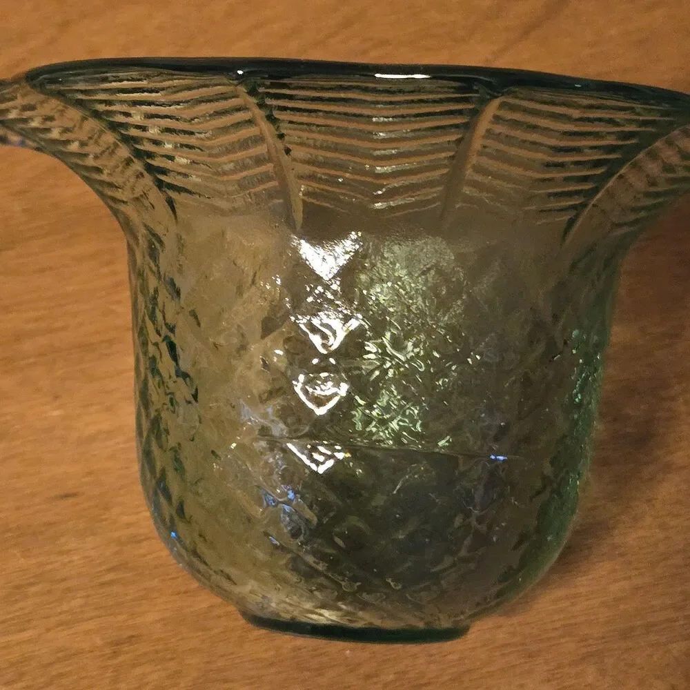 Vintage Green Glass Bowl Vase Patterned Base Flared Rippled Rim, 3 X 5.5